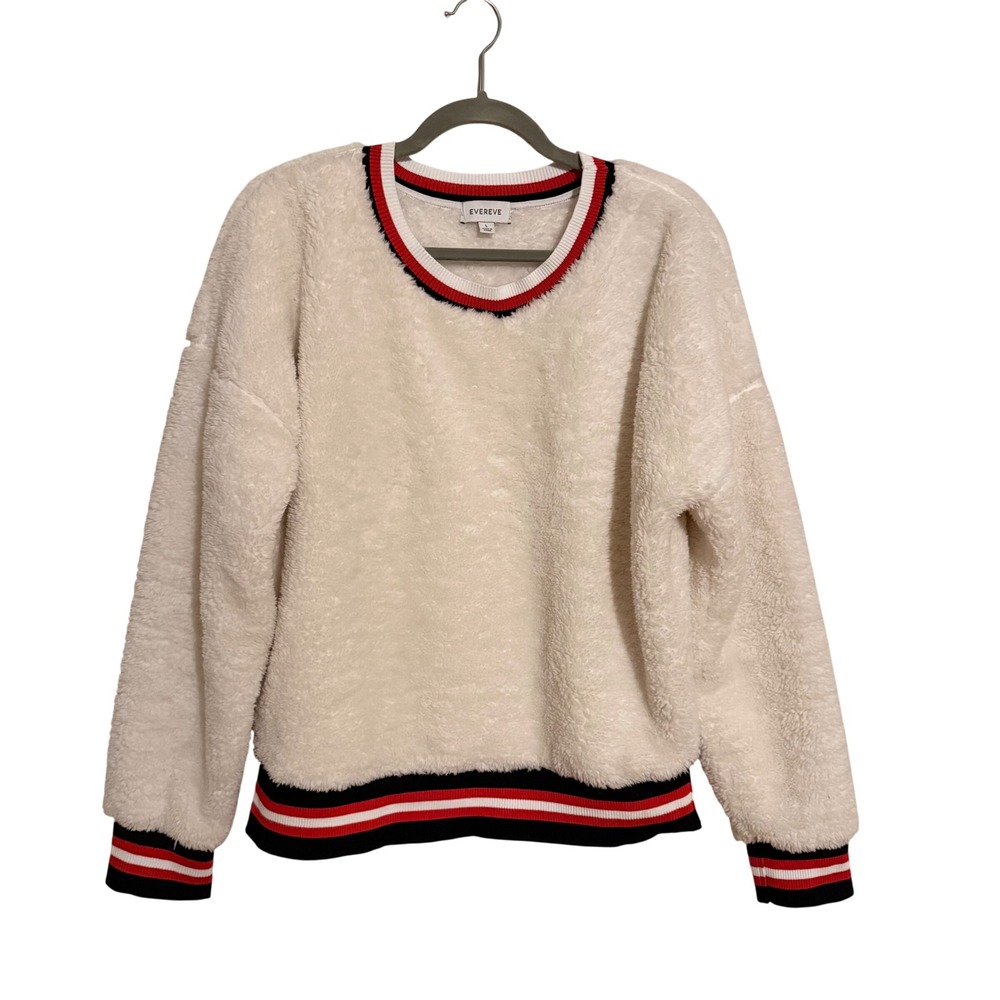 Evereve Fleece Sweatshirt Cream Varsity Stripe‎ Trim Pullover Large Fall Cozy